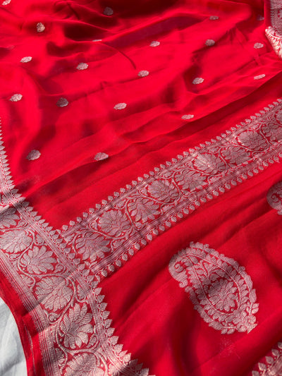 Pure khaddi chiffon saree in red colour