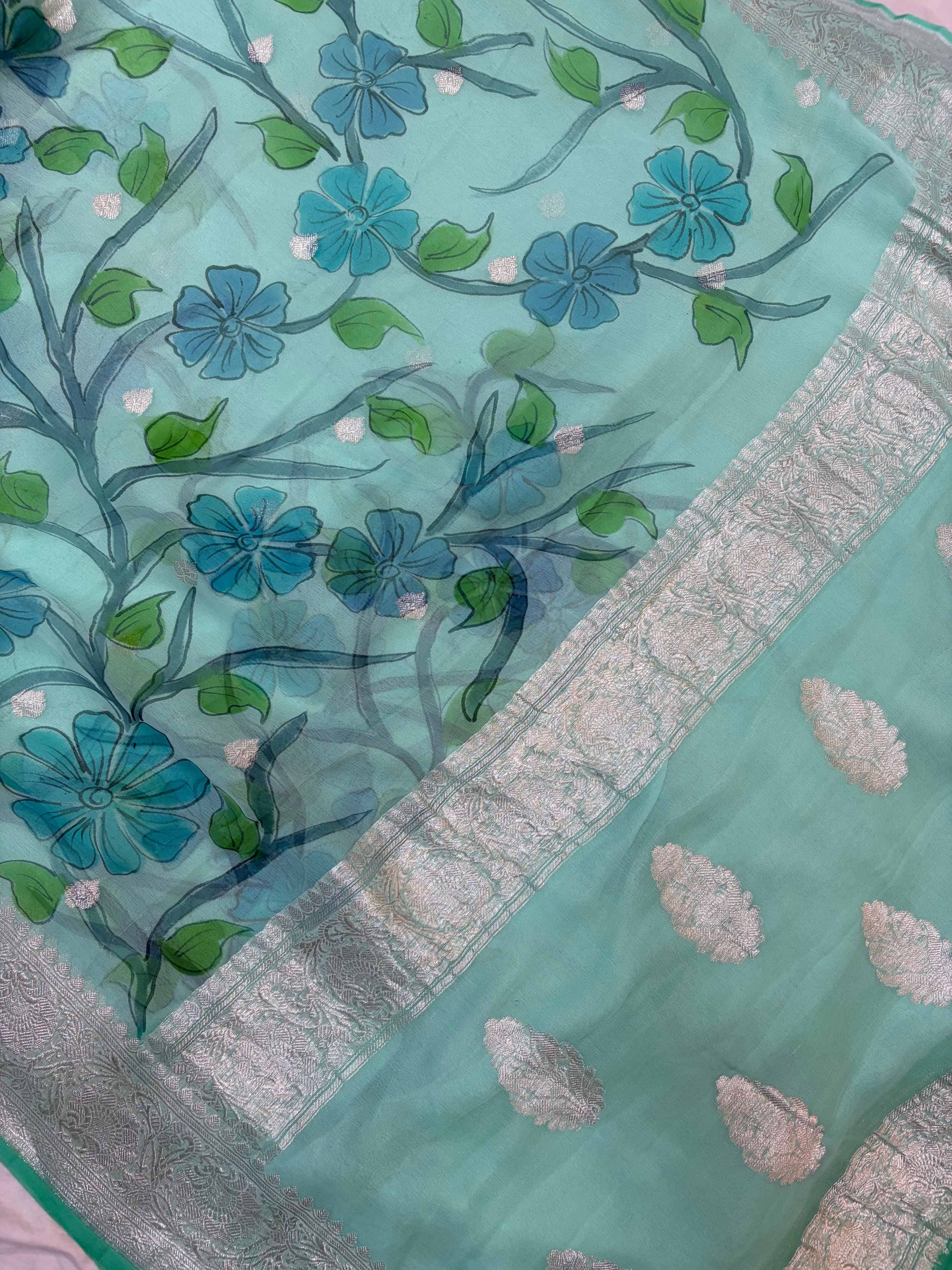 Cgreen hand painting pure Khaddi Chiffon Banarasi Zari Border Saree