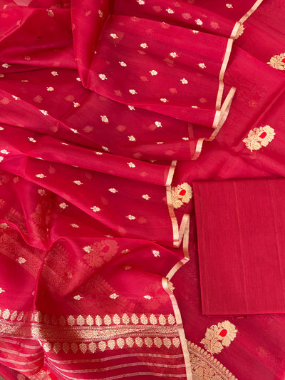 Pure Handloom Kora silk suit set in cherry red colour with meenakari work