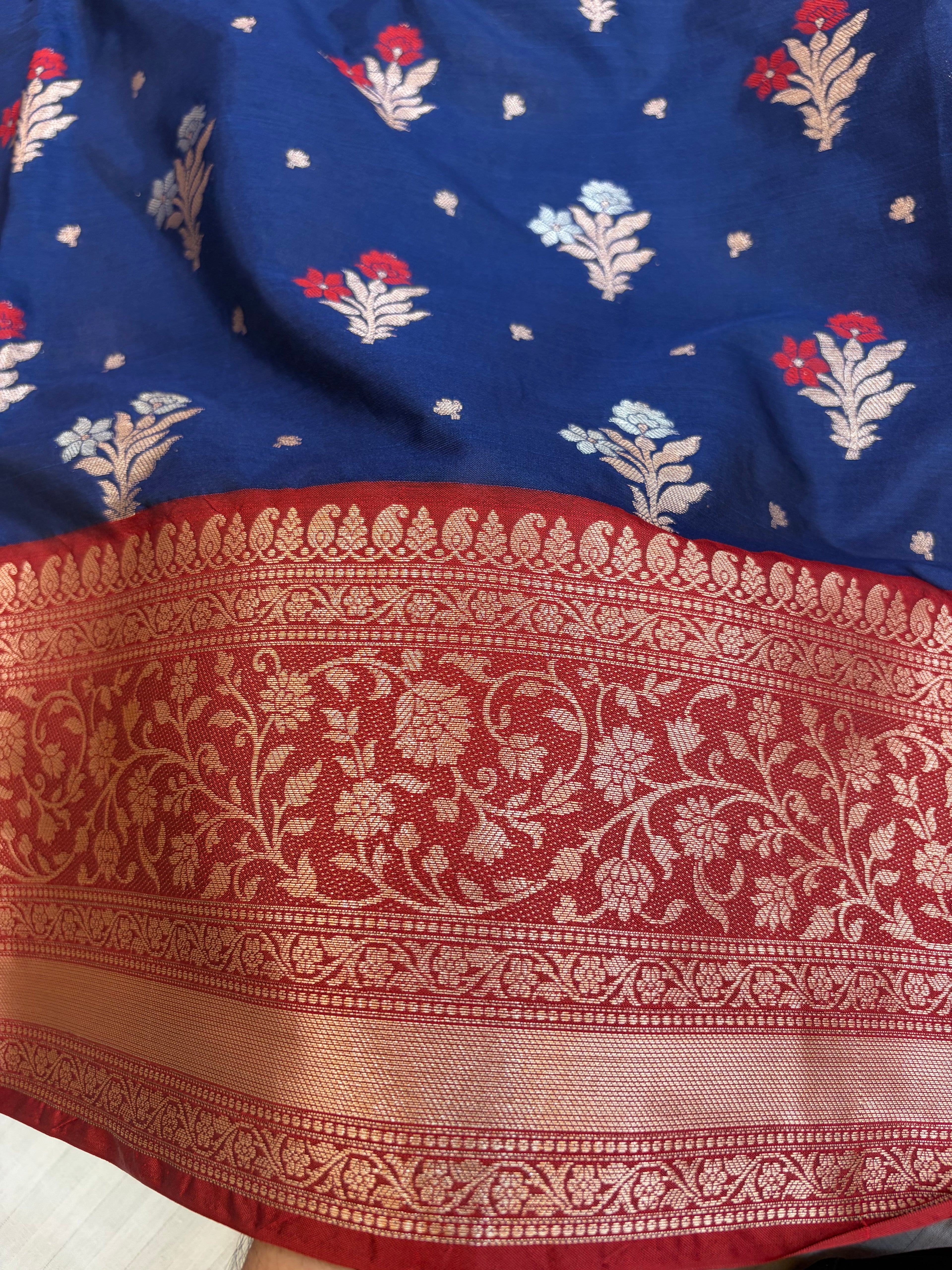 Banarasi soft silk Meenakari saree in navy blue with maroon colour
