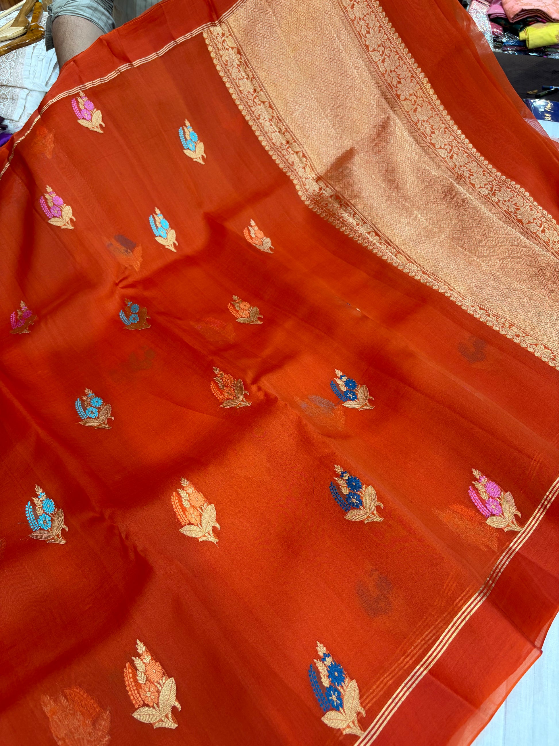 Pure handloom organza silk saree in rust orange  colour