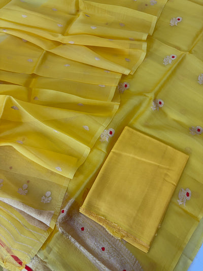 Pure Handloom Kora silk suit set in lemon yellow colour with meenakari work