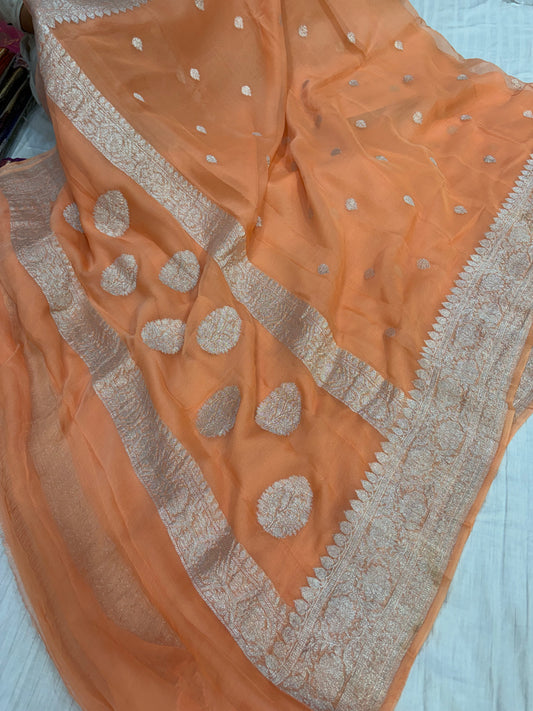 Pure khaddi chiffon saree in coral orange colour