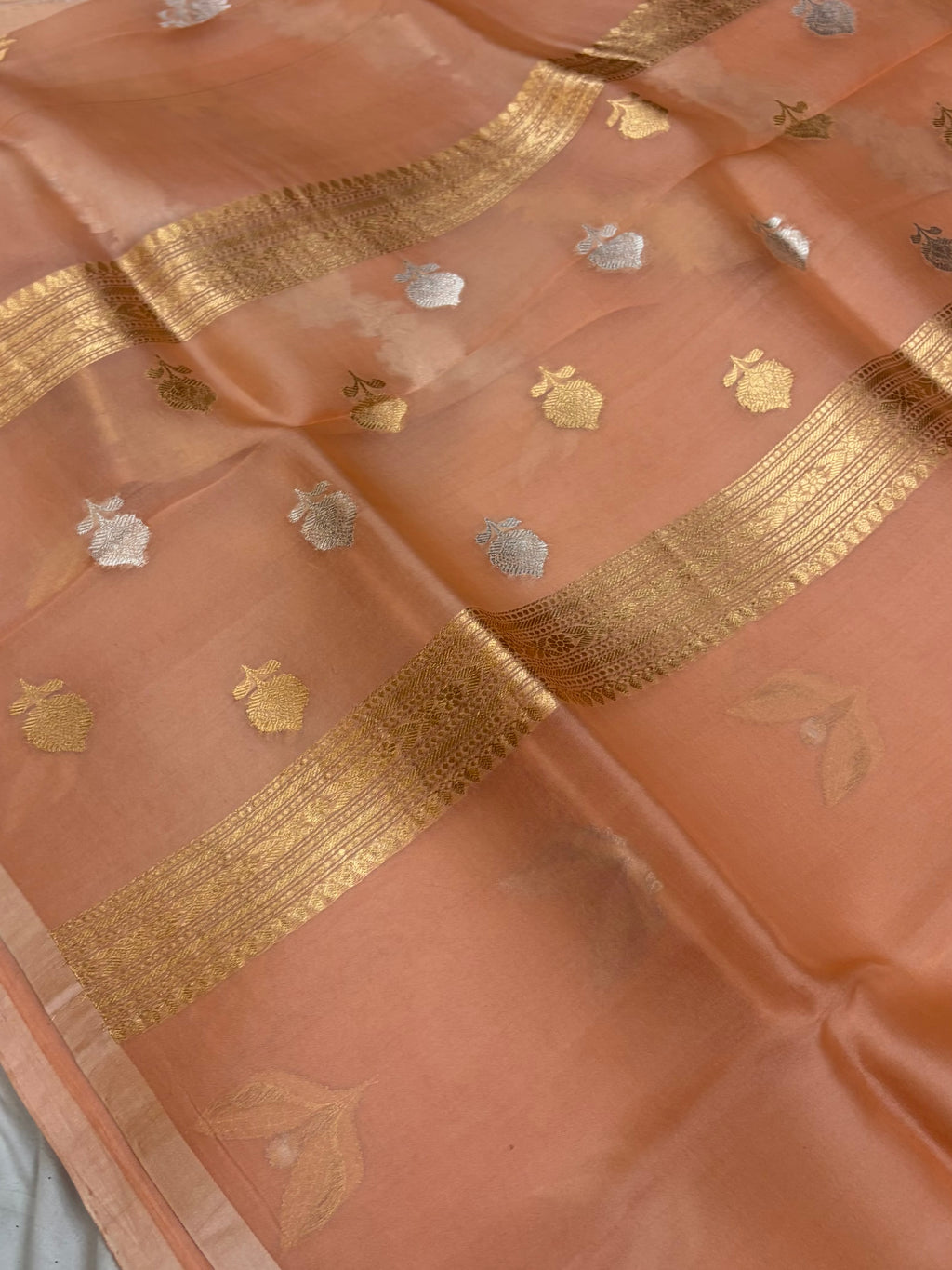 Pure handloom organza silk saree in peach colour
