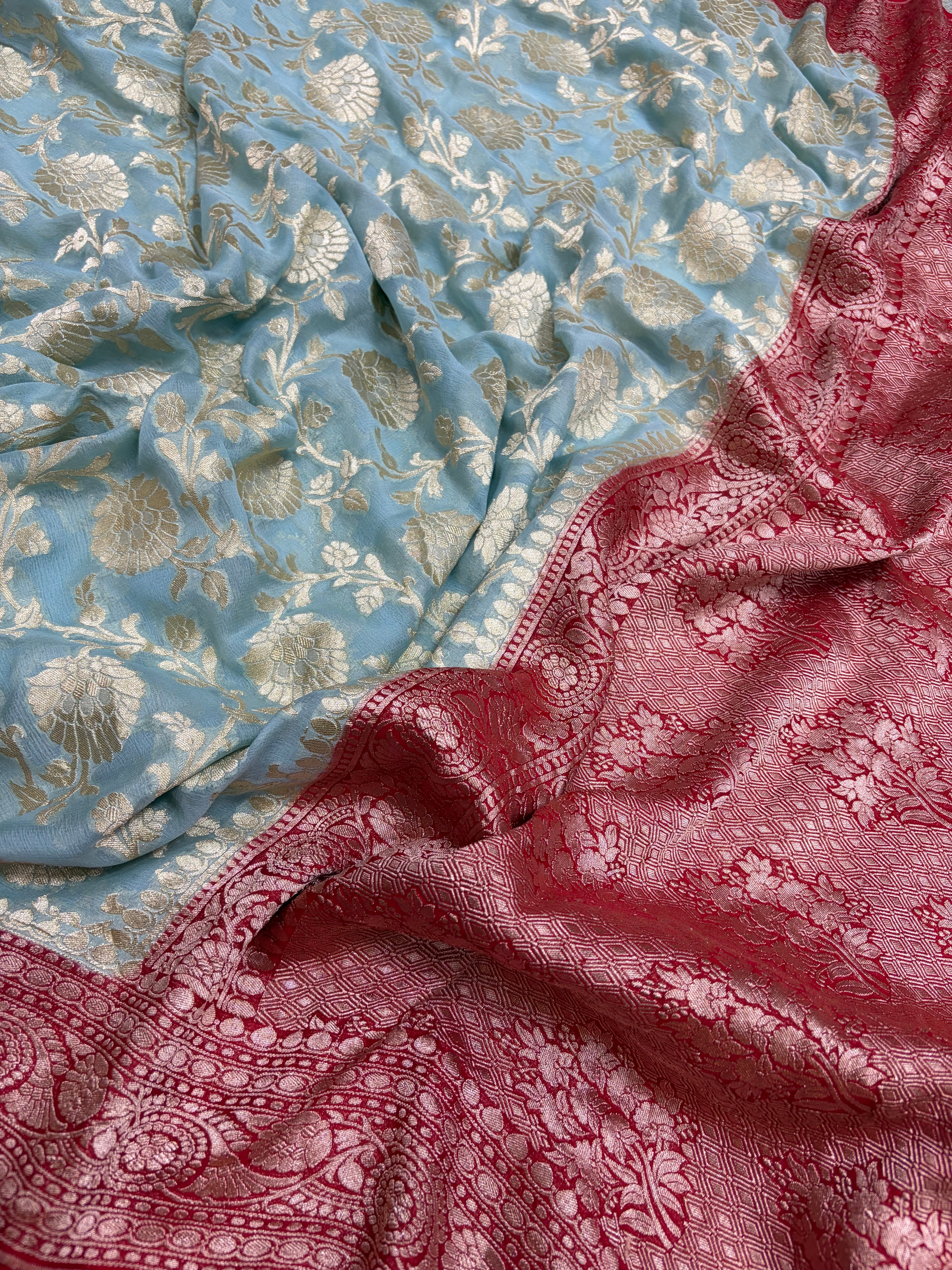 Pure Banarasi handloom georgette silk saree in sky lie with red colour