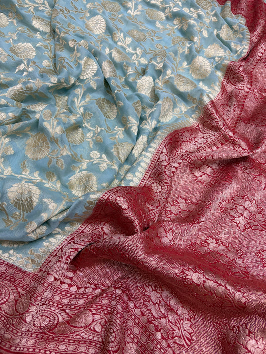 Pure Banarasi handloom georgette silk saree in sky lie with red colour