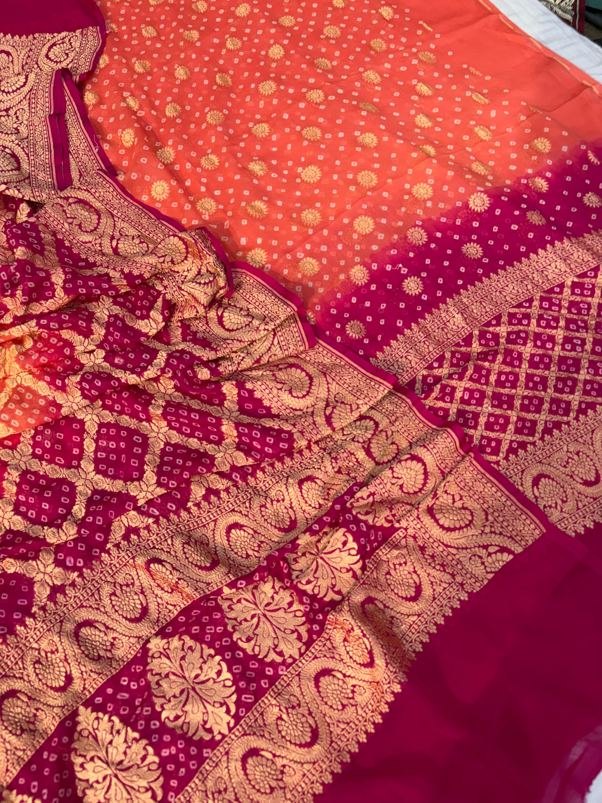 Pure georgette bandhani suit in peach orange with dark Magenta  colour