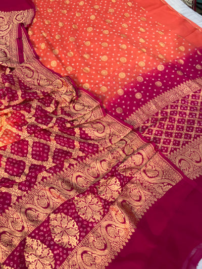Pure georgette bandhani suit in peach orange with dark Magenta  colour