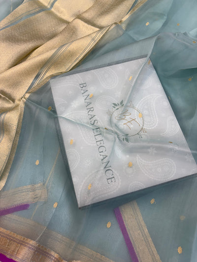 Pure handloom organza silk saree In powder blue colour with Magenta piping border
