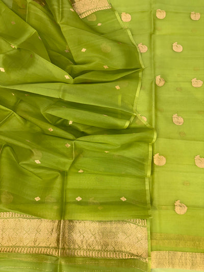 Pure Handloom Kora silk suit set in light pista green colour with meenakari work