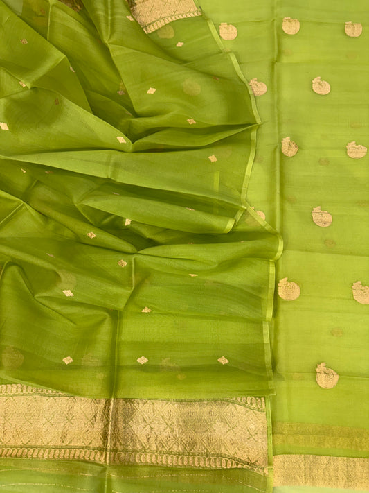 Pure Handloom Kora silk suit set in light pista green colour with meenakari work