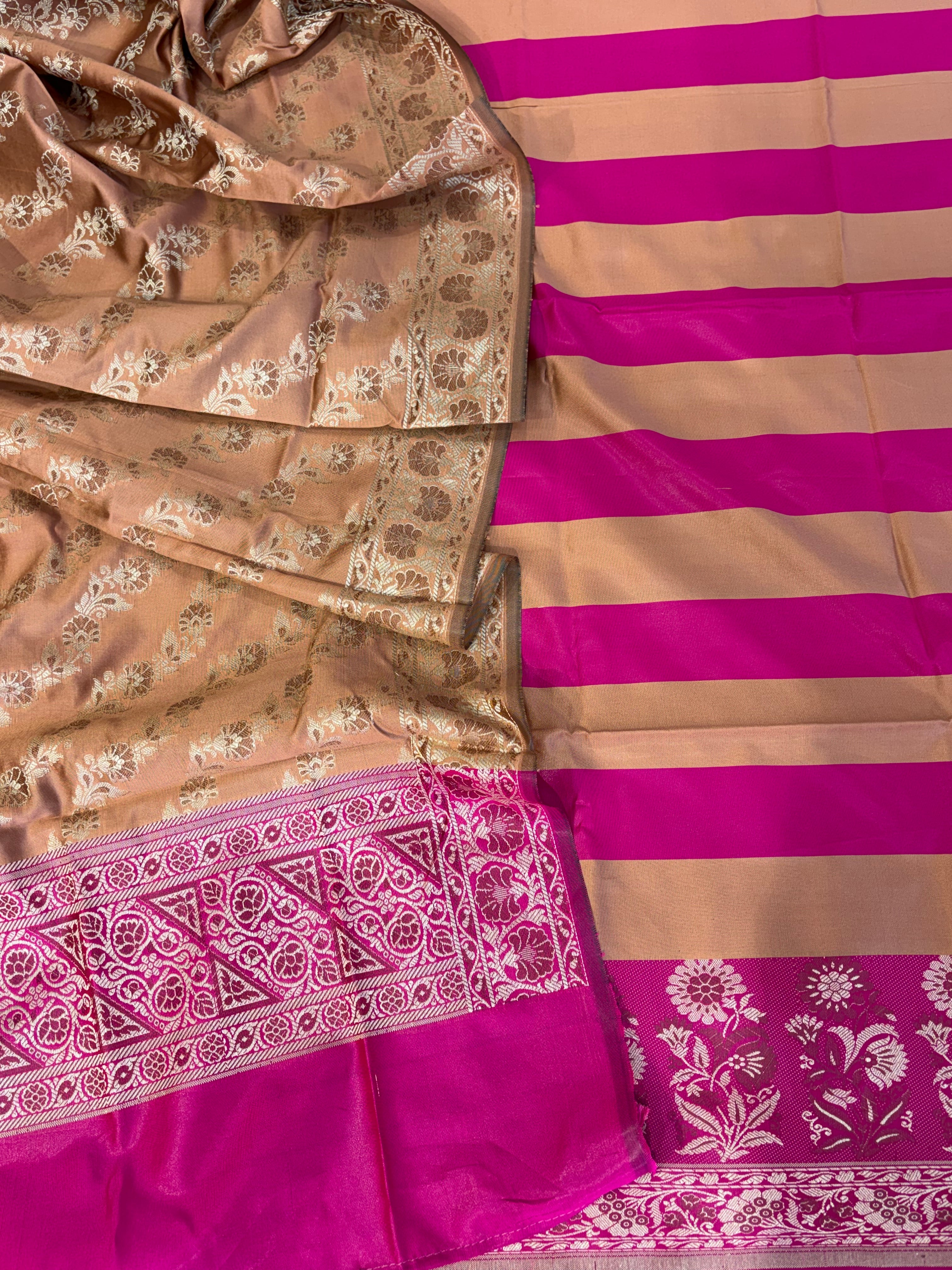 Banarasi soft silk suit in cream with pink  colour combination
