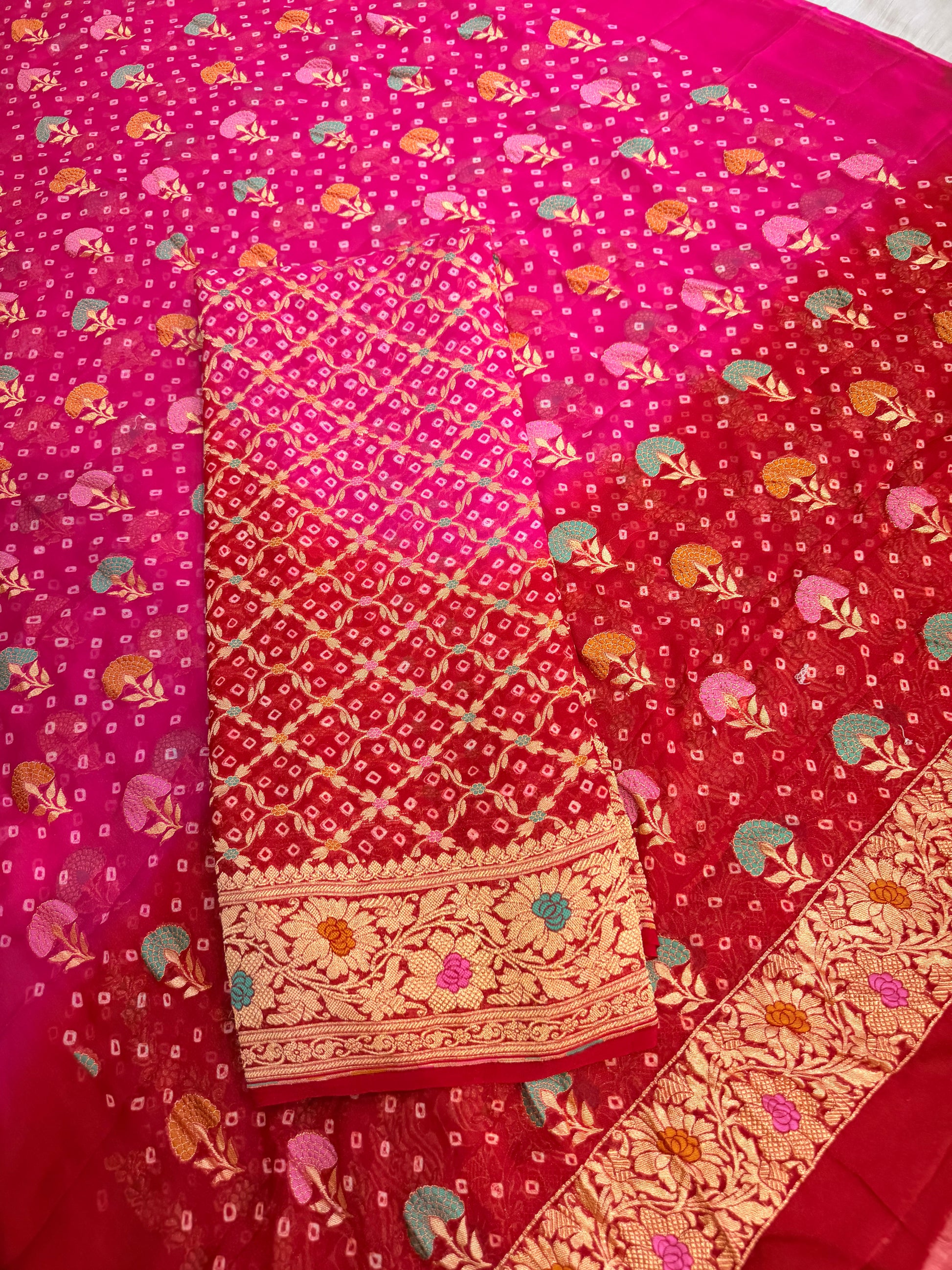 Pure georgette bandhani suit in Rani pink with maroon red colour