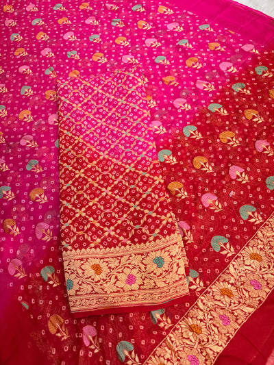 Pure georgette bandhani suit in Rani pink with maroon red colour