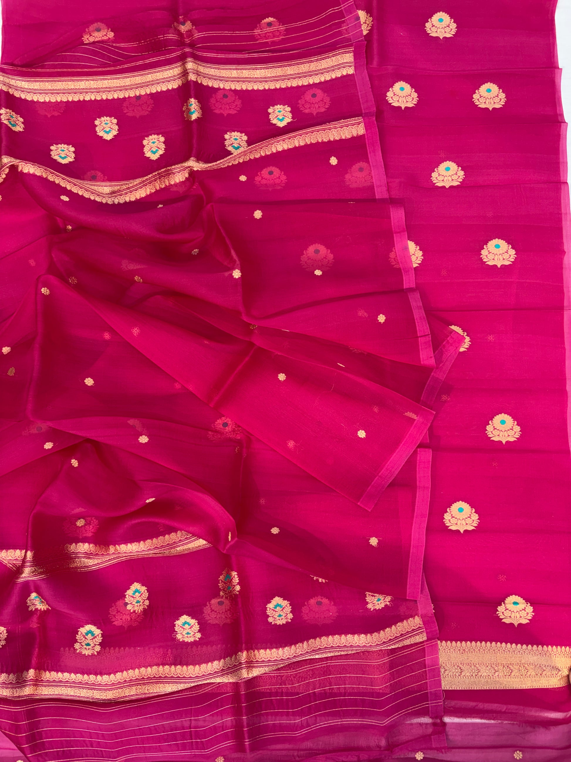 Pure Handloom Kora silk suit set in light Rani colour with meenakari work