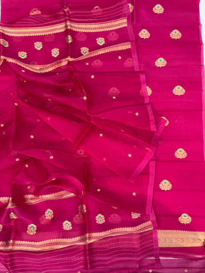 Pure Handloom Kora silk suit set in light Rani colour with meenakari work