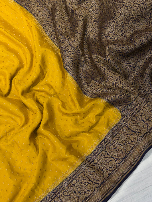Pure khaddi crepe silk saree in mustard yellow with dark navy blue colour