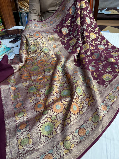 Pure Banarasi handloom georgette silk saree in wine colour with all over hand drawing work