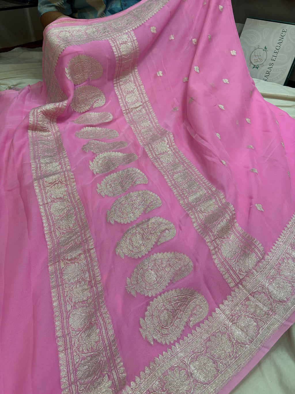 Pure khaddi chiffon saree in Pink colour