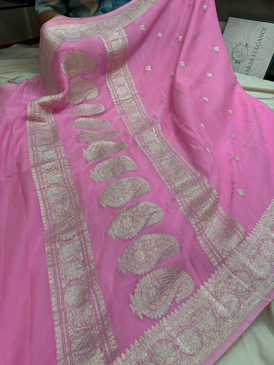 Pure khaddi chiffon saree in Pink colour