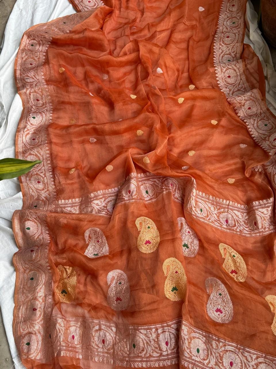 BURNT ORANGE PURE KHADDI CHIFFON TISSUE SILK SAREE
