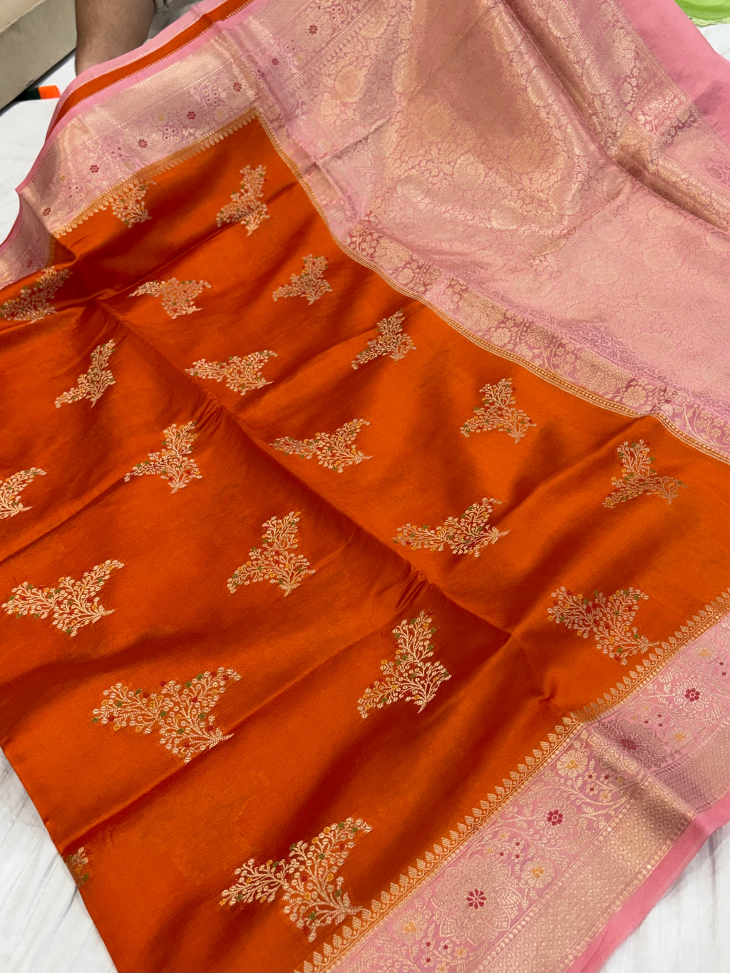 Pure raw mango saree in orange with peach colour combination