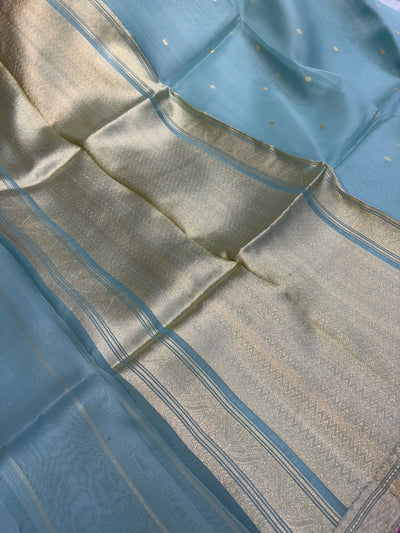 Pure handloom organza silk saree In powder blue colour with Magenta piping border