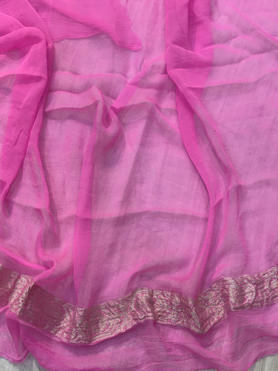 Pure khaddi chiffon saree in yellow with pink colour combination