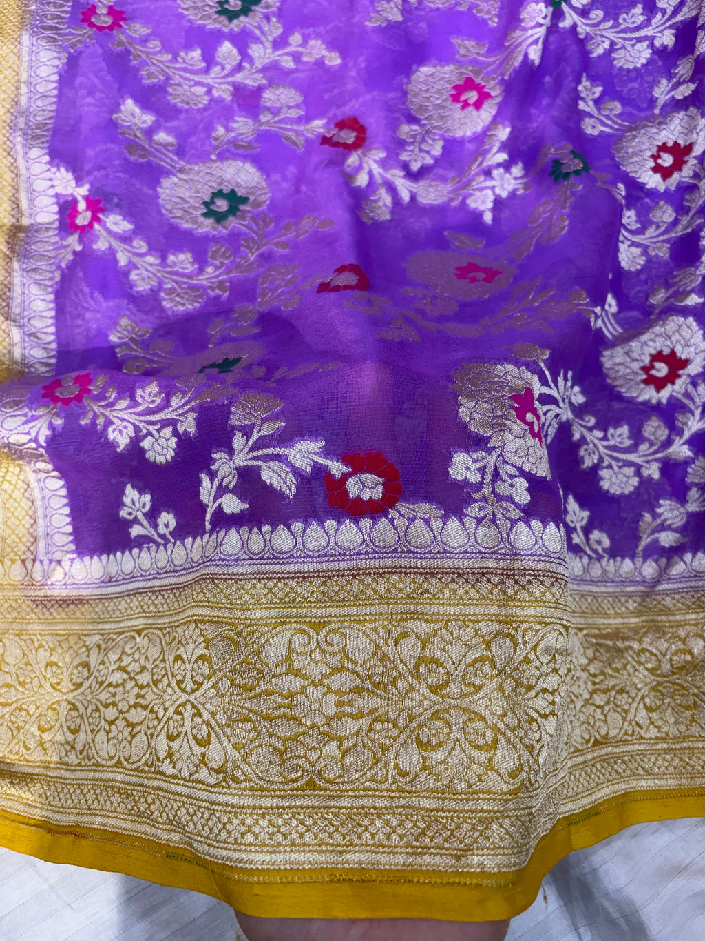 Pure Banarasi handloom georgette silk saree in levender with gold yellow colour