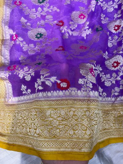 Pure Banarasi handloom georgette silk saree in levender with gold yellow colour