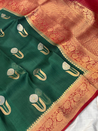 Pure handloom kora silk saree in bottle green with red colour