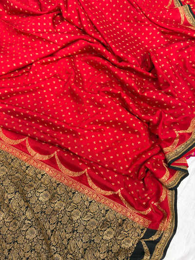 Pure khaddi crepe silk saree in red with black colour combination
