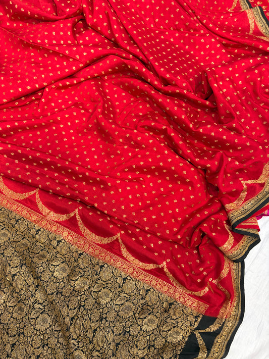 Pure khaddi crepe silk saree in red with black colour combination
