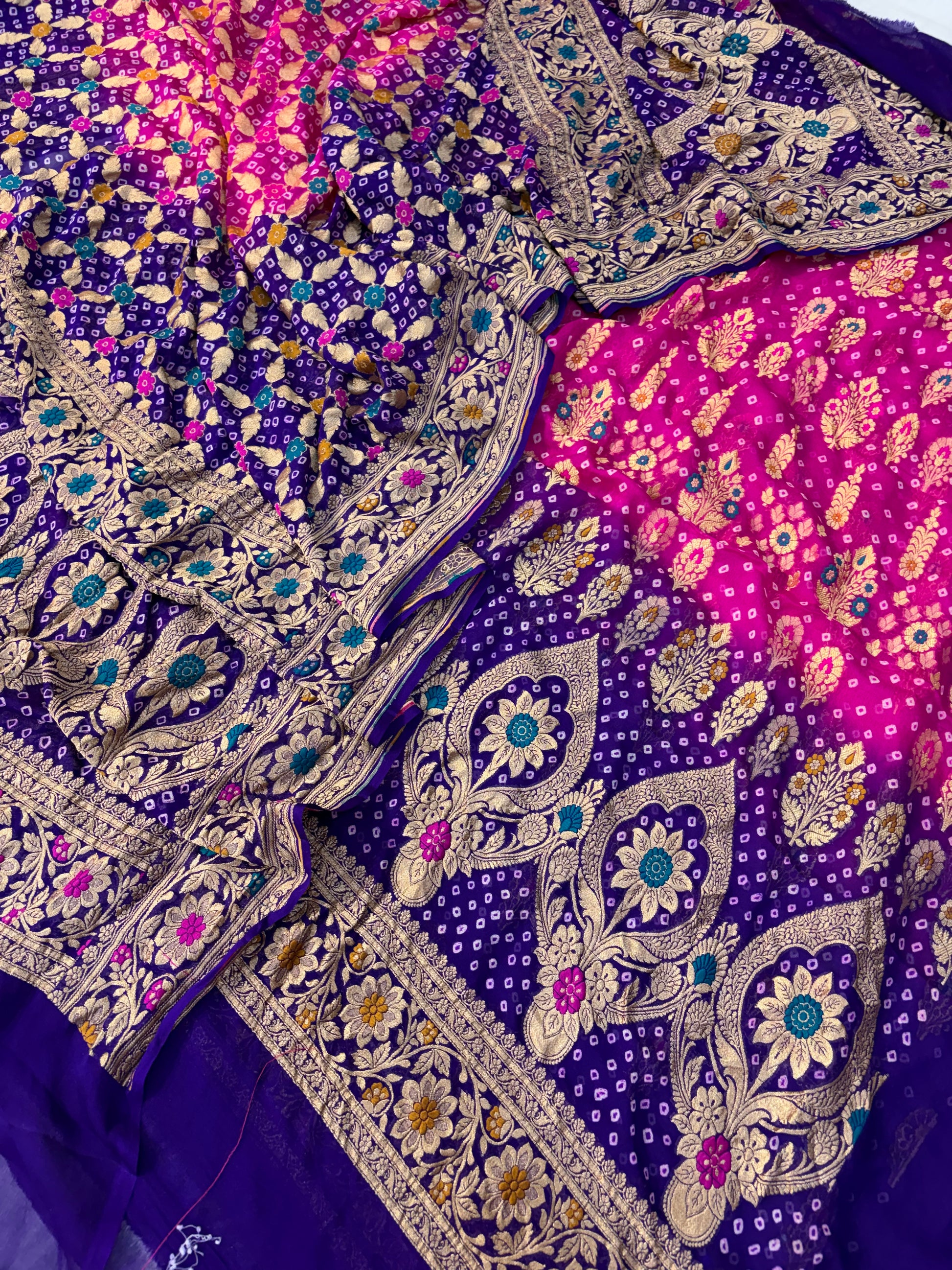 Pure georgette bandhani suit in Rani pink with purple colour