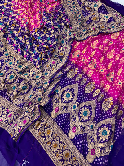Pure georgette bandhani suit in Rani pink with purple colour