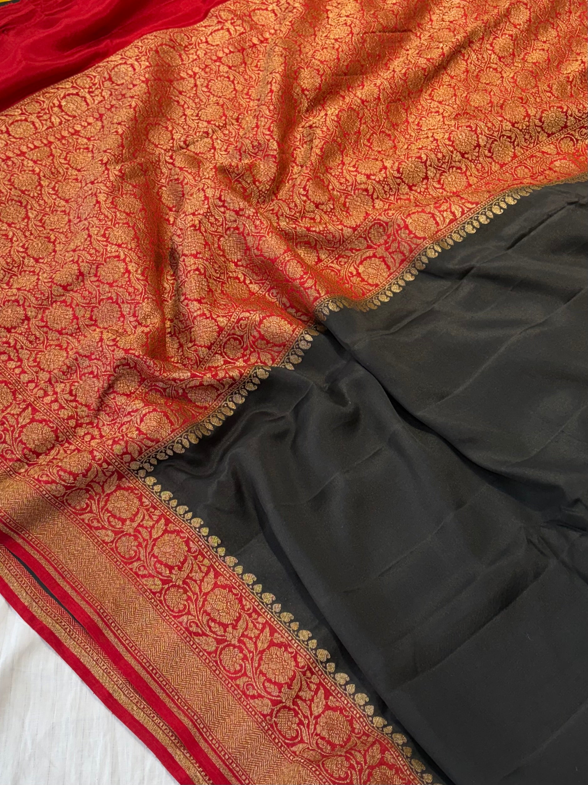 Pure khaddi crepe silk saree plain black saree with red Anchal border work