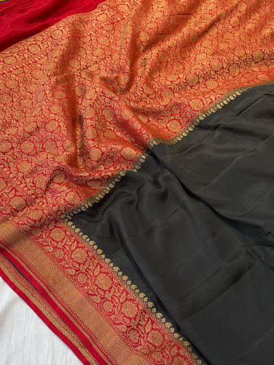 Pure khaddi crepe silk saree plain black saree with red Anchal border work