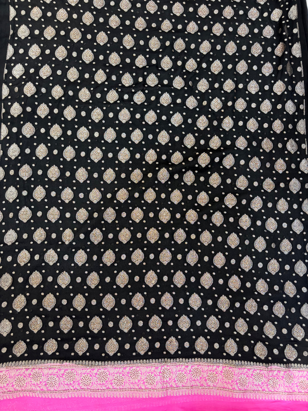 Pure khaddi chiffon suit in black with pink colour with all over swaroski work