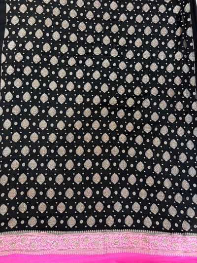 Pure khaddi chiffon suit in black with pink colour with all over swaroski work