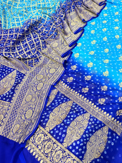 Pure georgette bandhani suit in Firozi with royal blue colour