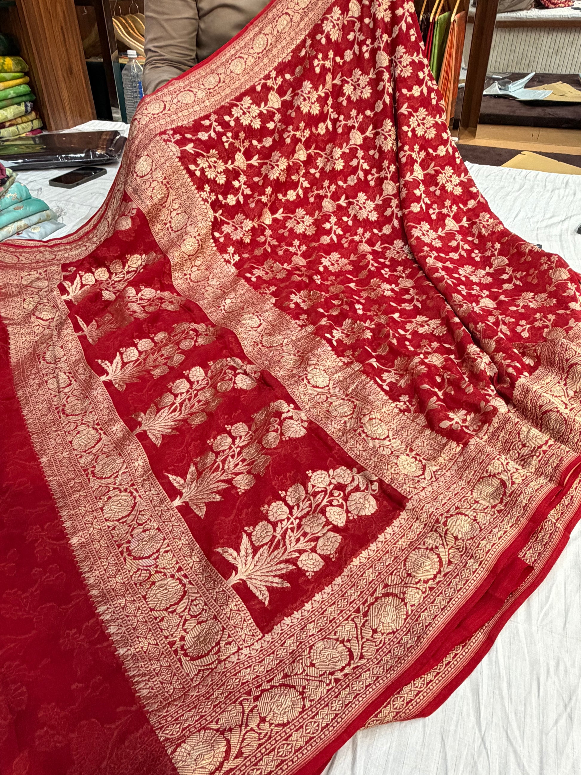 Pure Banarasi handloom georgette silk saree in red colour
