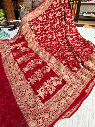 Pure Banarasi handloom georgette silk saree in red colour