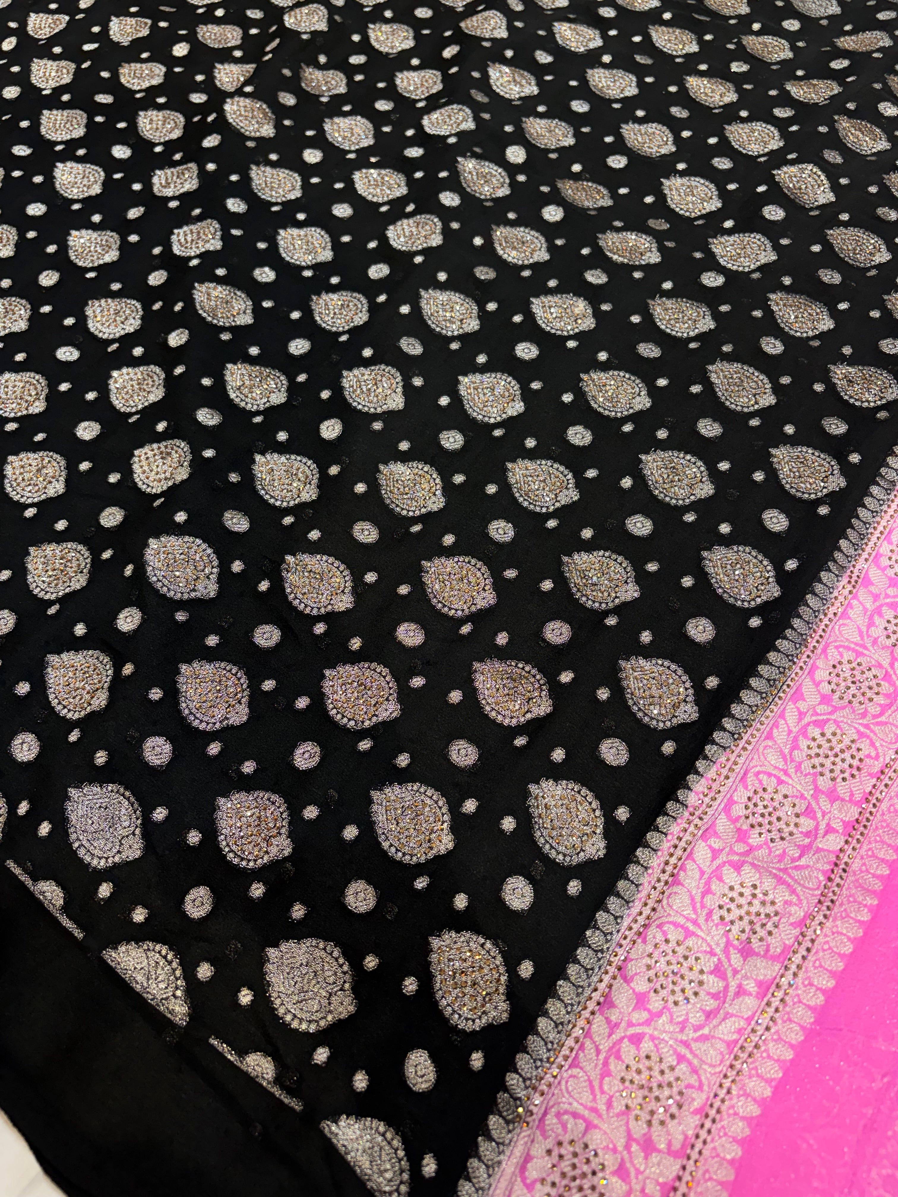 Pure khaddi chiffon suit in black with pink colour with all over swaroski work