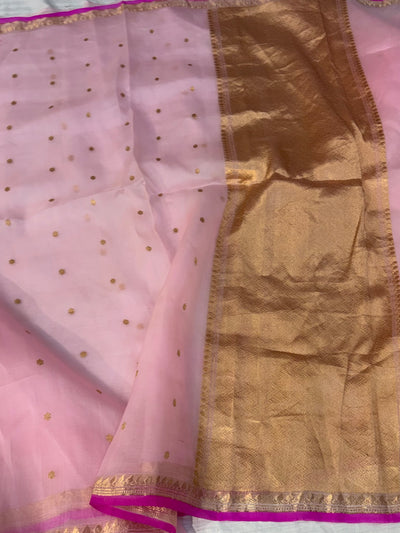 Pure handloom organza silk saree In Baby pink colour with Ranj piping border