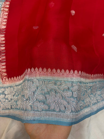 Beautiful Pure khaddi chiffon saree in beautiful contrast colour