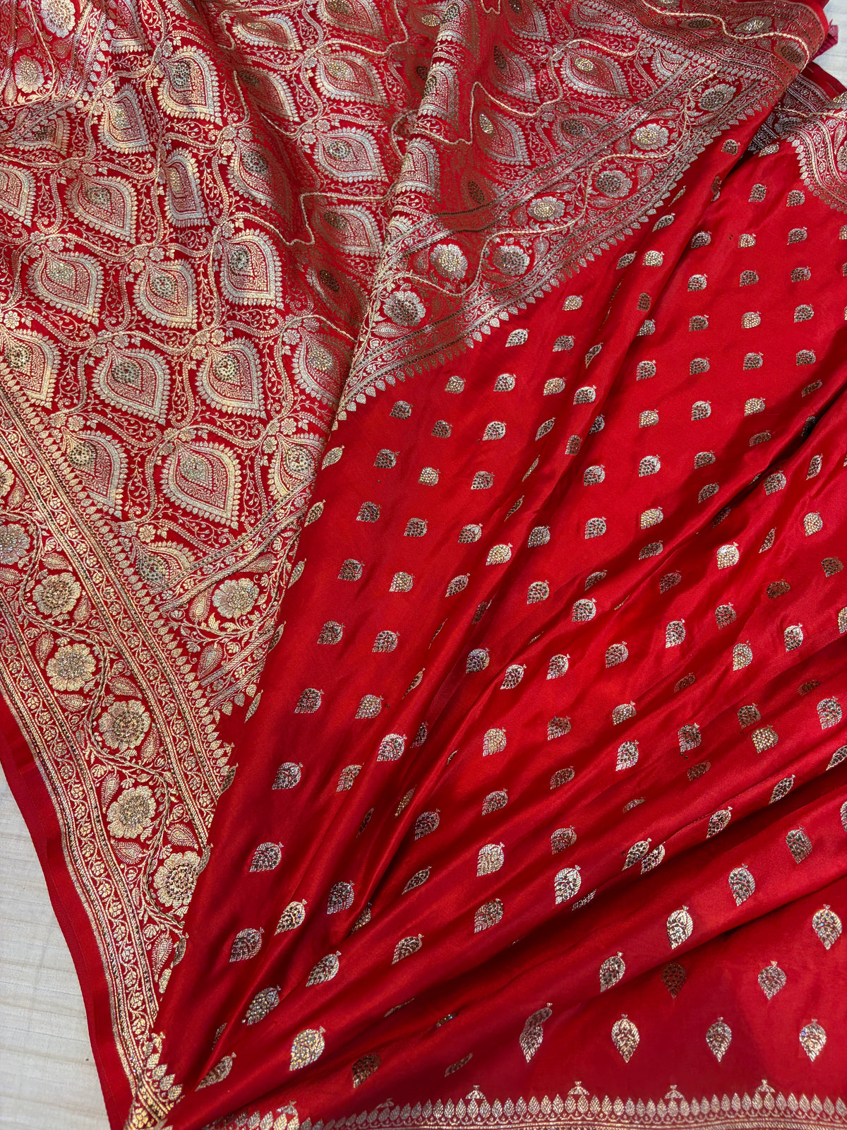 Bridal Banarasi satin Katan silk sarees in blood red colour with all over Swarovski work
