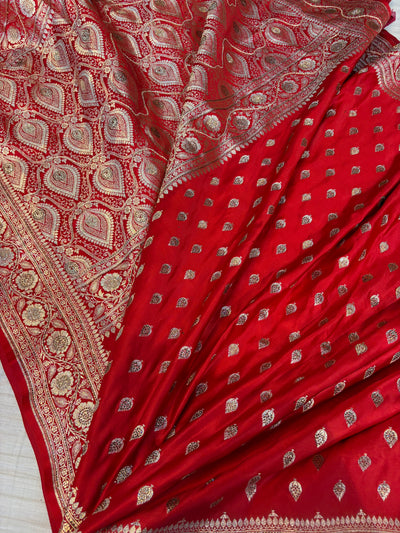 Bridal Banarasi satin Katan silk sarees in blood red colour with all over Swarovski work
