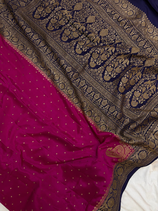 Pure Crape Silk Banarasi Zari Border Buti Design Saree in magenta with navy blue