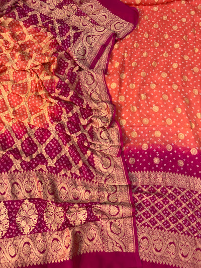 Pure georgette bandhani suit in peach orange with dark Magenta  colour