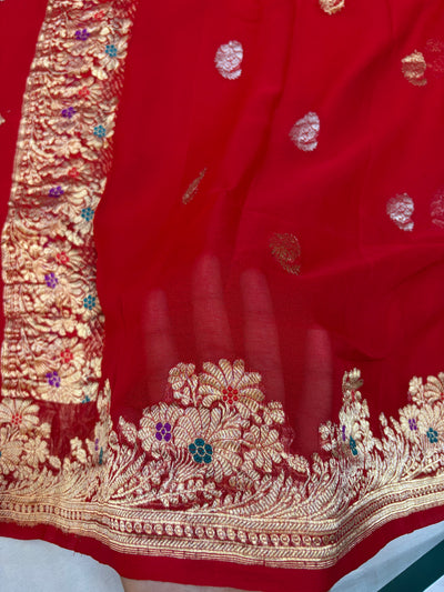 Meena Kari Pure Khaddi georgette saree with real zari work in red colour